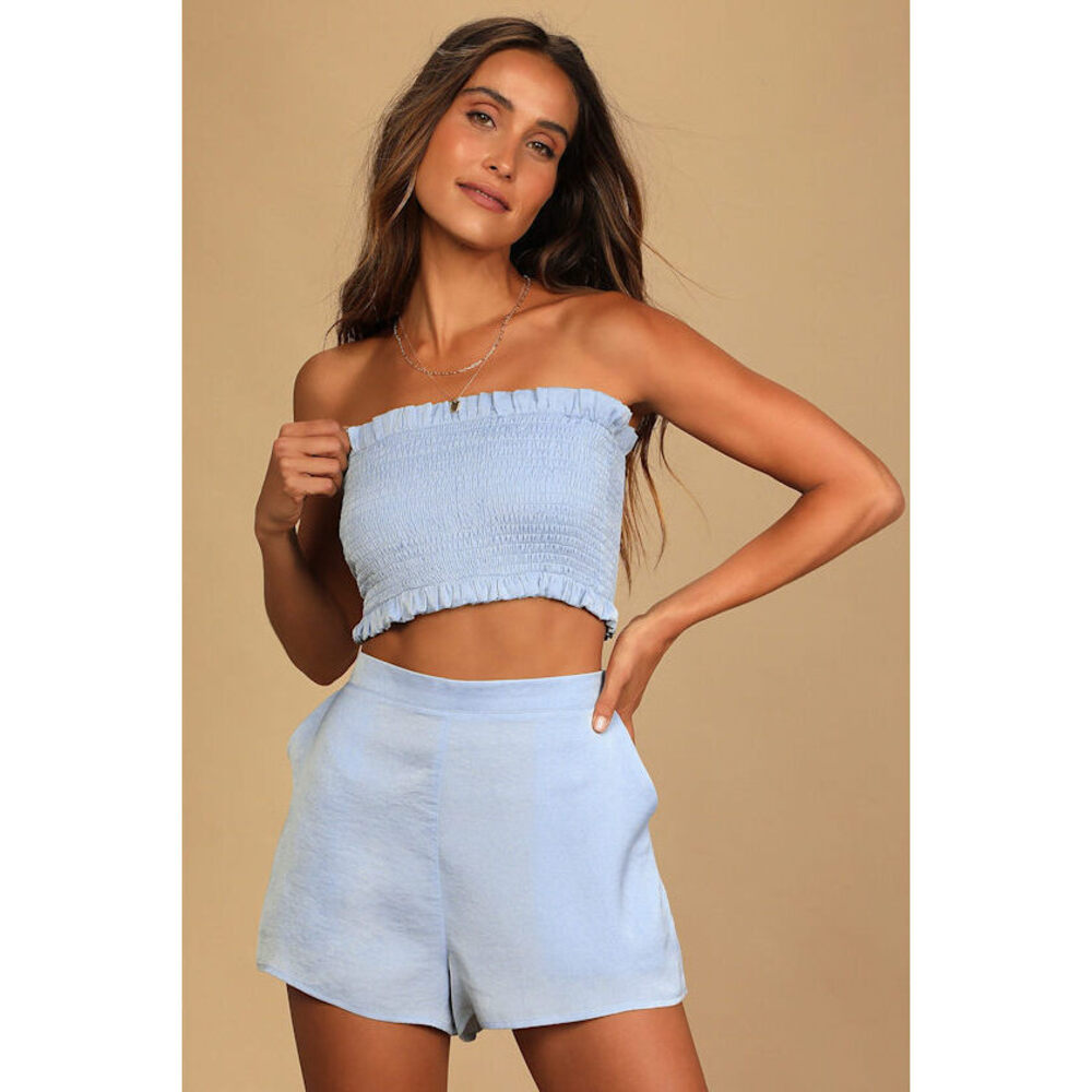 Lulus Extra Love Dusty Blue Satin Smocked Tube Top - Size S